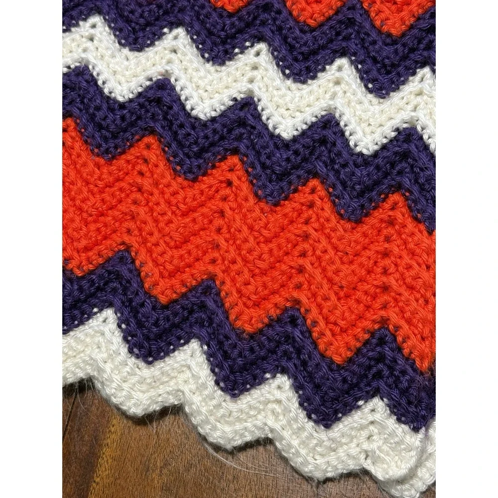 Handmade Crochet Throw Blanket 36.5x53 Orange Purple White Chevron Clemson Color